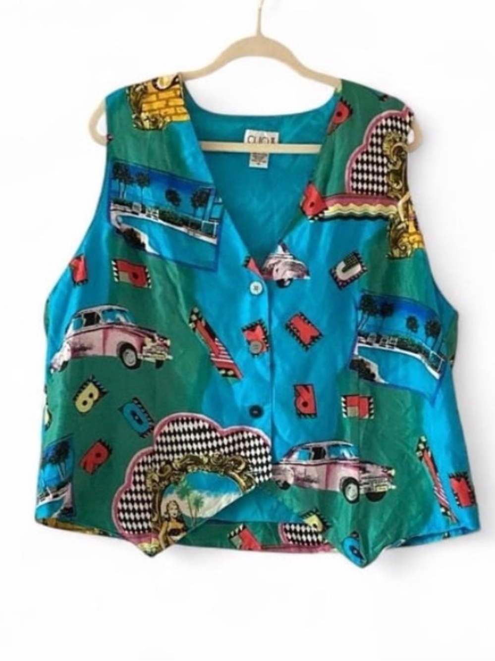 Vintage Retro Car Show Print Teal & Green Button-Front Mens Tank Vest 100% Silk